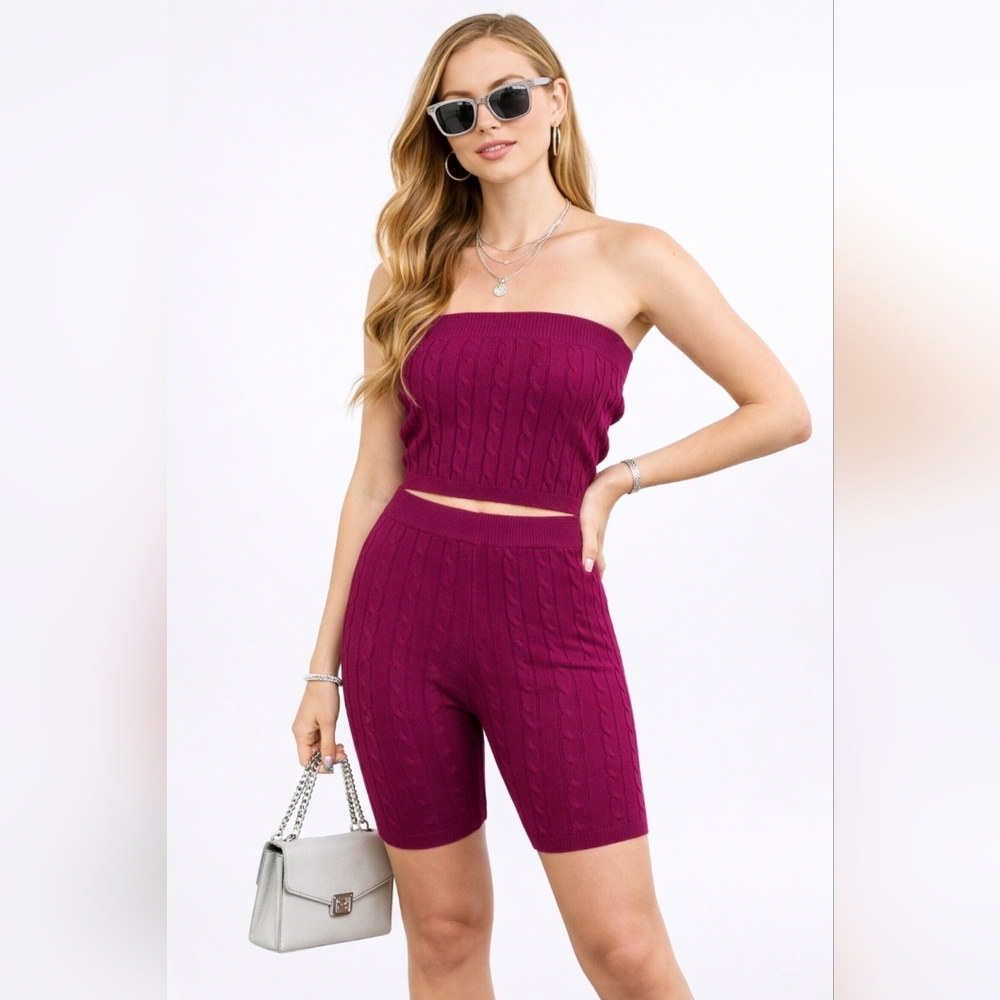 2 Pc Biker Shorts & Crop Top Knit Set in Magenta | Strapless Tube Top & Bustier
